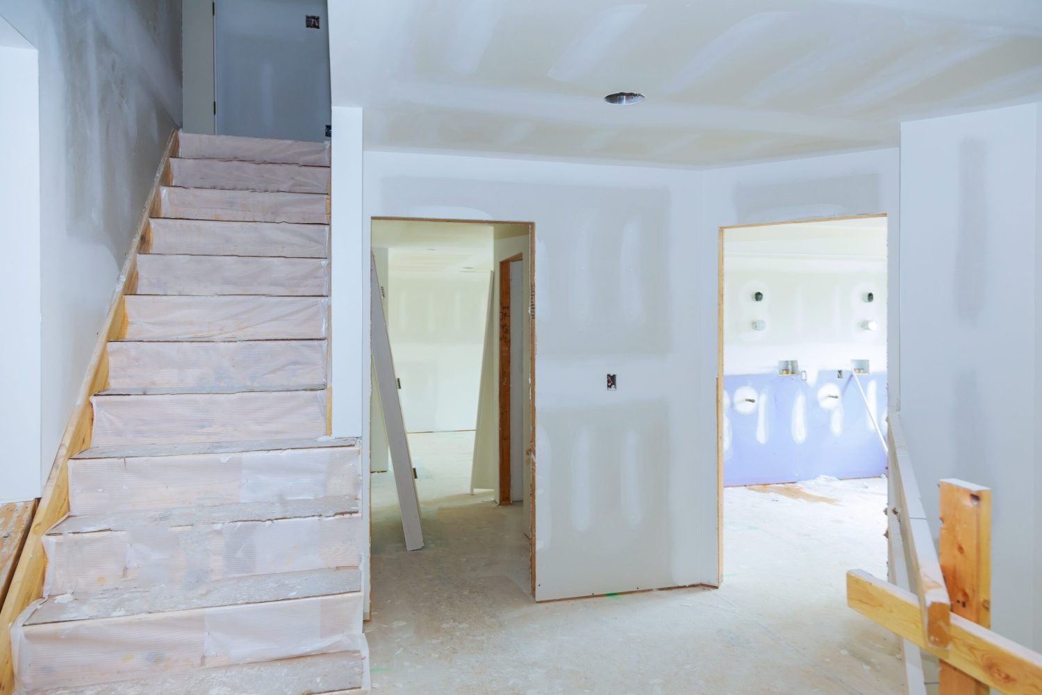 A gypsum-board drywall ceiling under construction